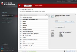 Drivers and services in Comodo Programs Manager