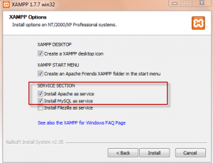 Selecting services to install in XAMPP