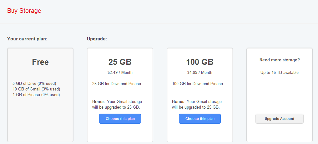 Available Gmail storage plans