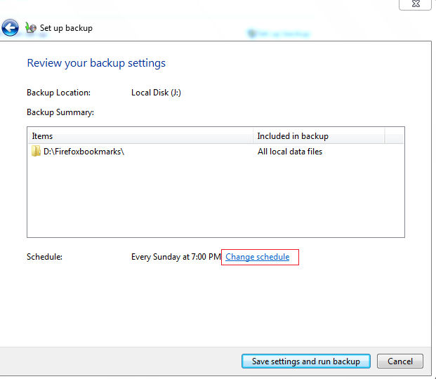Changing schedule options in Windows 7 backup settings