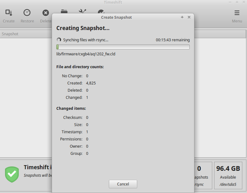 using Timeshift to make a rsync snapshot of Linux Mint 18.3 Sylvia