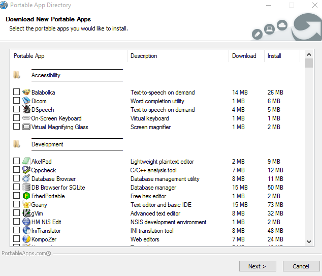 list of portable apps that can be downloaded using PortableApps 