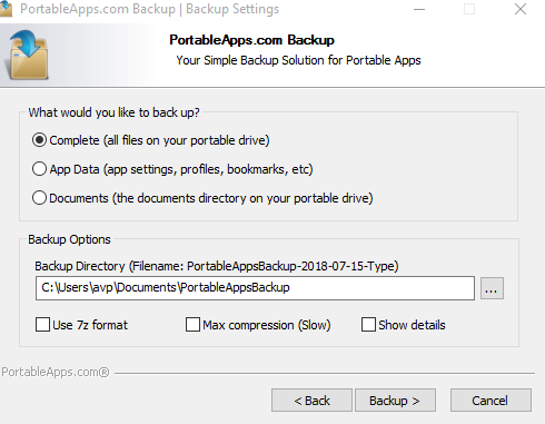 PortableApps backup wizard showing types of backups available