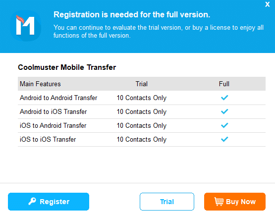 Coolmuster Mobile Transfer trial version limitations