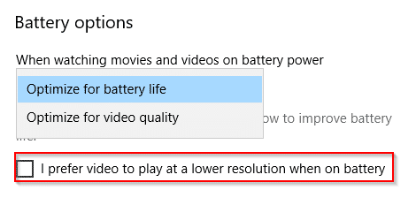 configuring video playback when on battery in Windows 10