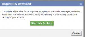 Archiving Facebook data popup