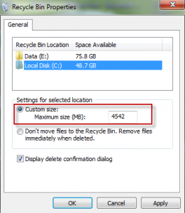 Changing storage size for recycle bin in Windows