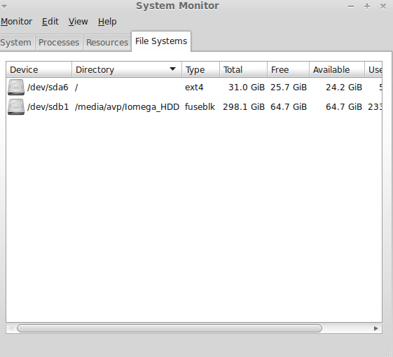 List of mounted file systems in System Monitor