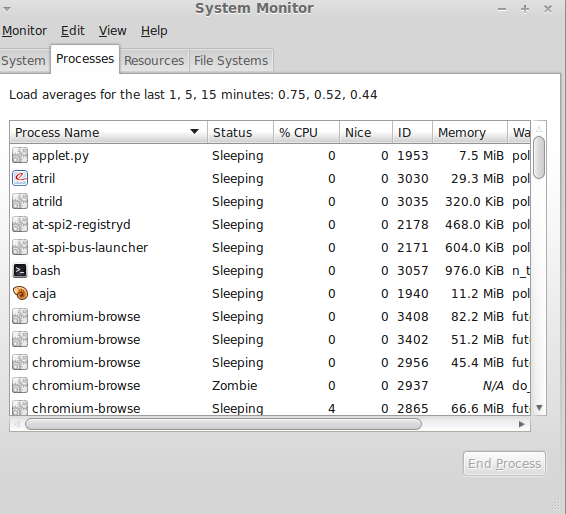 List of processes in System Monitor