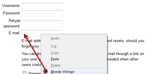 Filling out form and using Bloody Vikings for disposable email address