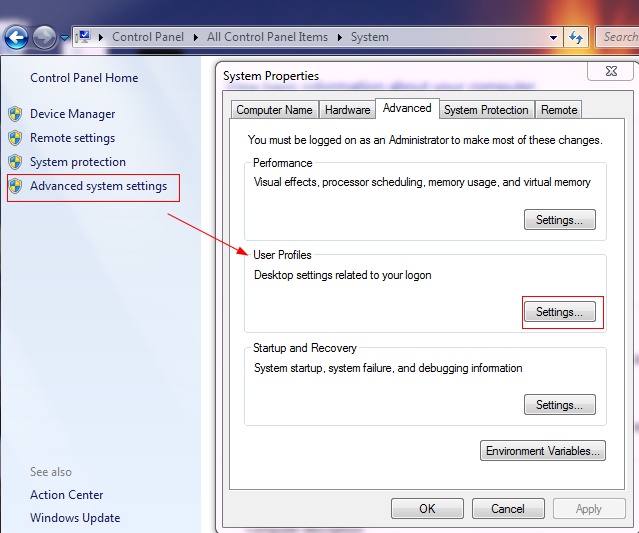 Accessing advanced system settings in Windows 7