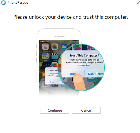 connecting iOS device to PC using PhoneRescue for recovering data
