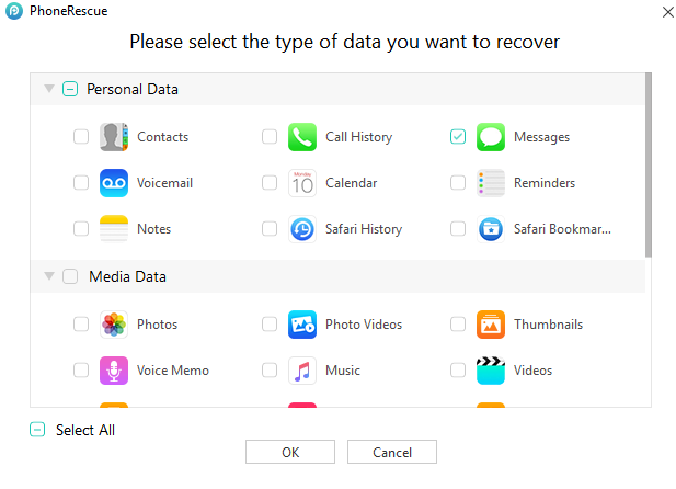 different data categories for recovery from iOS device using PhoneRescue