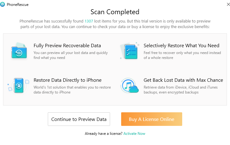 scan completed when using PhoneRescue for iOS