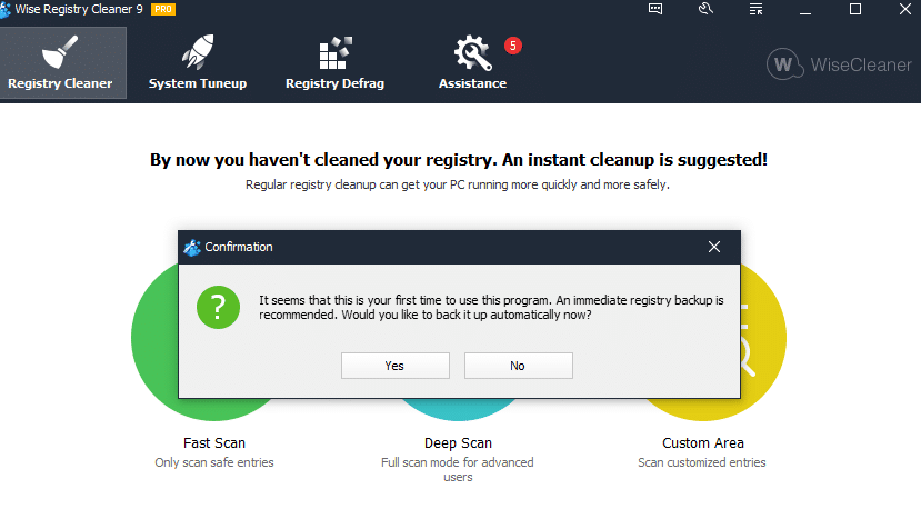 Wise Registry Cleaner first run