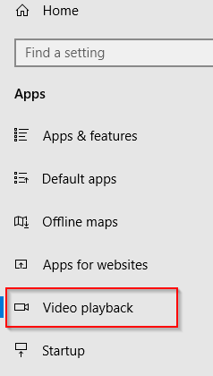 Video playback option in Windows 10 settings