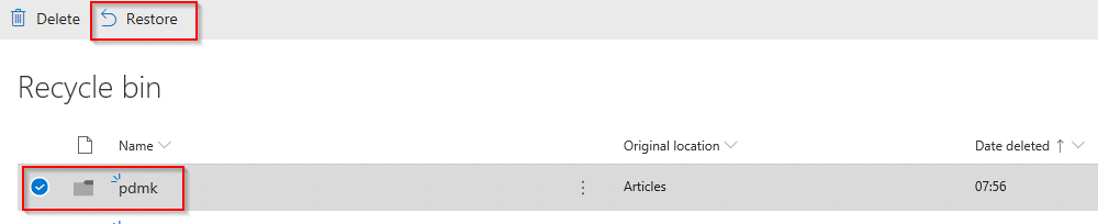 restoring folders from OneDrive recycle bin