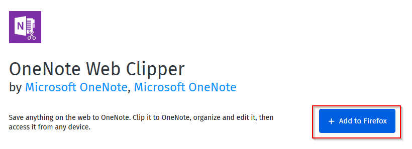 OneNote Web Clipper Firefox add-on page