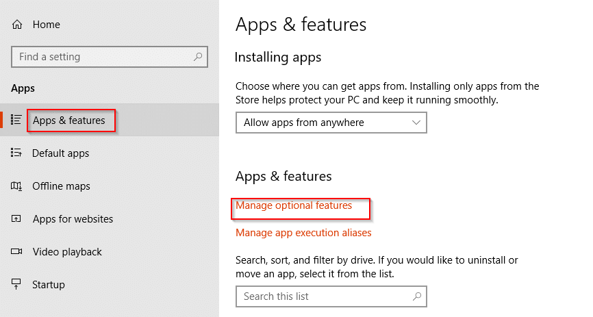 managing optional features in Windows 10 