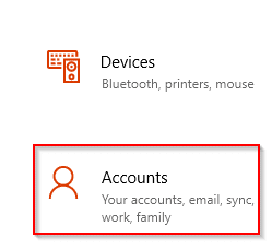 Accounts option from Windows 10 settings