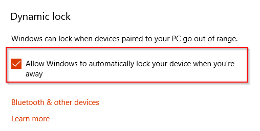 Dynamic lock activated on Windows 10 PC