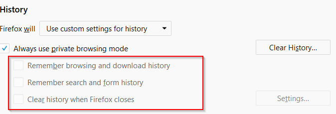 privacy and security settings after private browsing is enabled in Firefox 