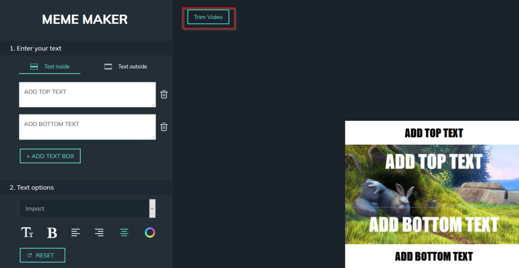 text options and trimming video for making a meme in Filmora online meme maker