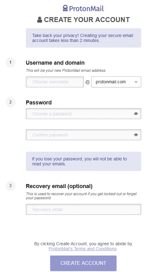 protonmail sign up page