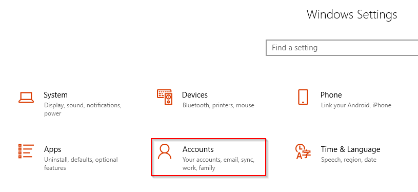 Accounts settings in Windows 10