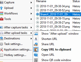 list of after upload tasks to be displayed in ShareX menu