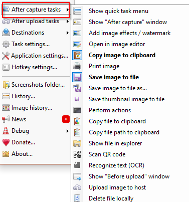 list of after capture tasks to be displayed in ShareX menu 