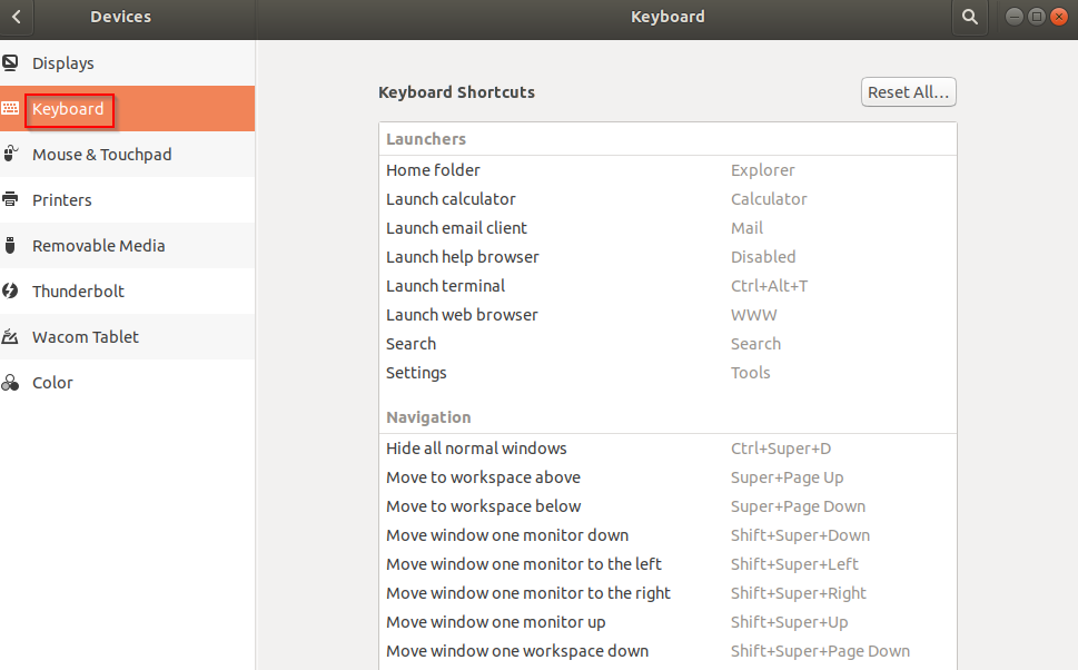 list of default keyboard shortcuts in Ubuntu 18.04