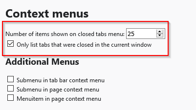 settings for Undo Close Tab Firefox add-on