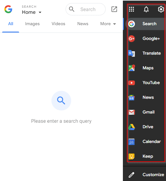 Default view for Black Menu for Google extension