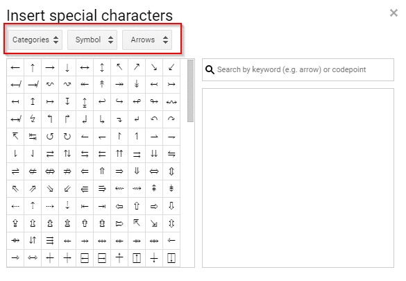 Google Docs special characters list