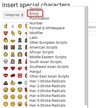 Emoji options in Google Docs special characters menu