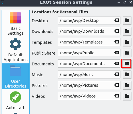 LXQt session settings for user directories