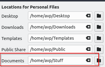 default user directories in Lubuntu with new folder location as specified before