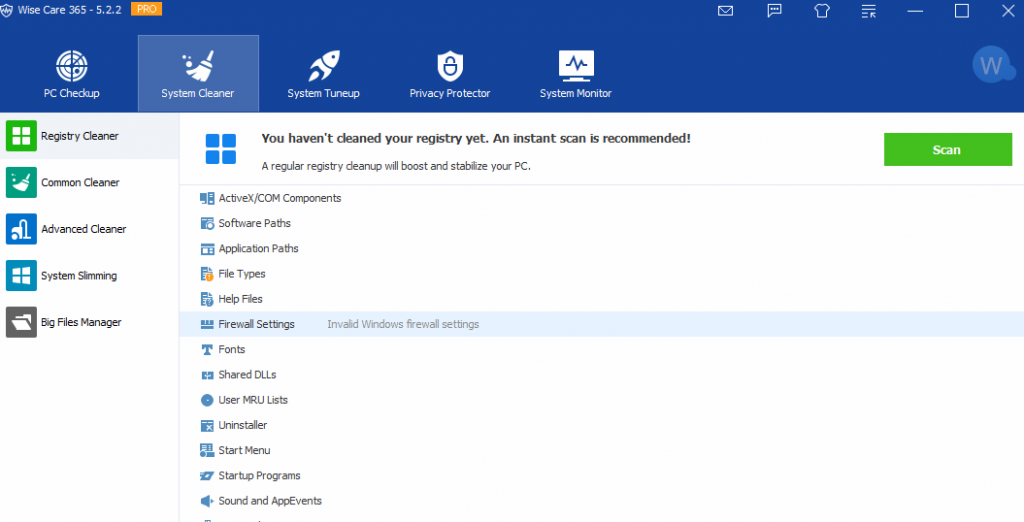 System cleaner option in Wise Care 365 Pro