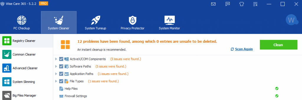 Clean up junk files using Wise Care 365 Pro