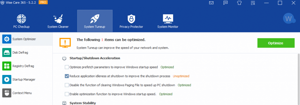 startup optimization using Wise Care 365 Pro