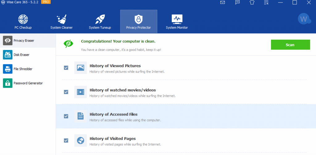 clear history of recently accessed files and other privacy settings using Wise Care 365 Pro