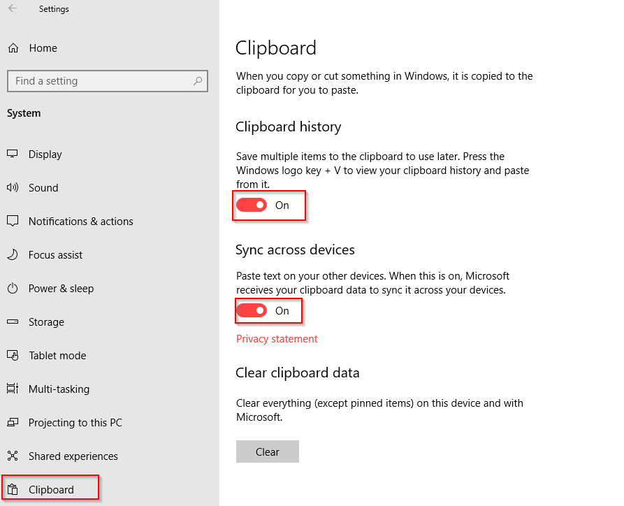 Clipboard settings in Windows 10