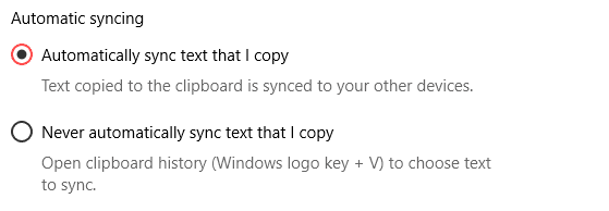 Windows 10 cloud clipboard sync settings