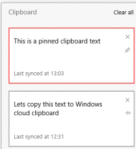 making a clipboard entry as pinned in Windows 10