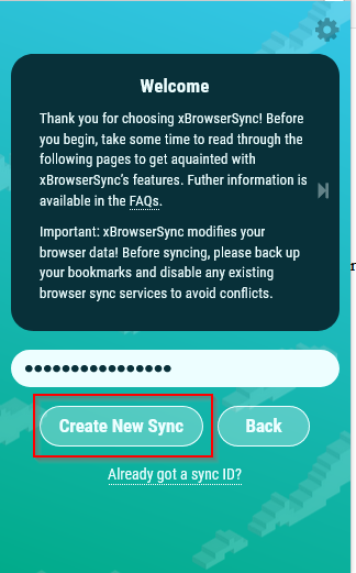 creating a new sync in xBrowserSync 