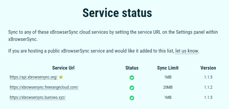 status of service urls that are used for syncing bookmarks in xBrowserSync 