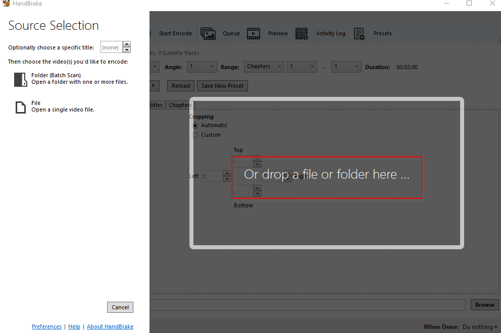 Handbrake interface for ripping DVDs