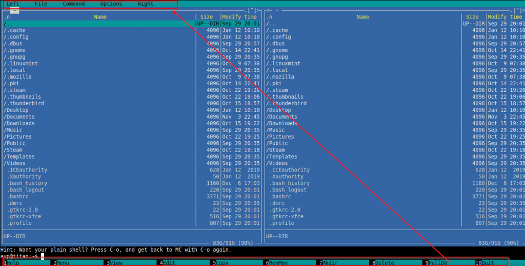 Midnight Commander interface in Linux Mint