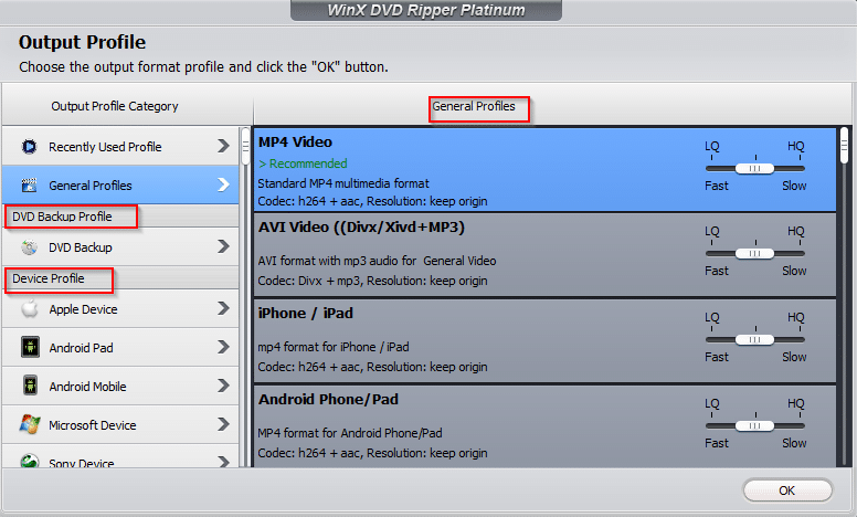 preset profiles for playback in WinX DVD Ripper